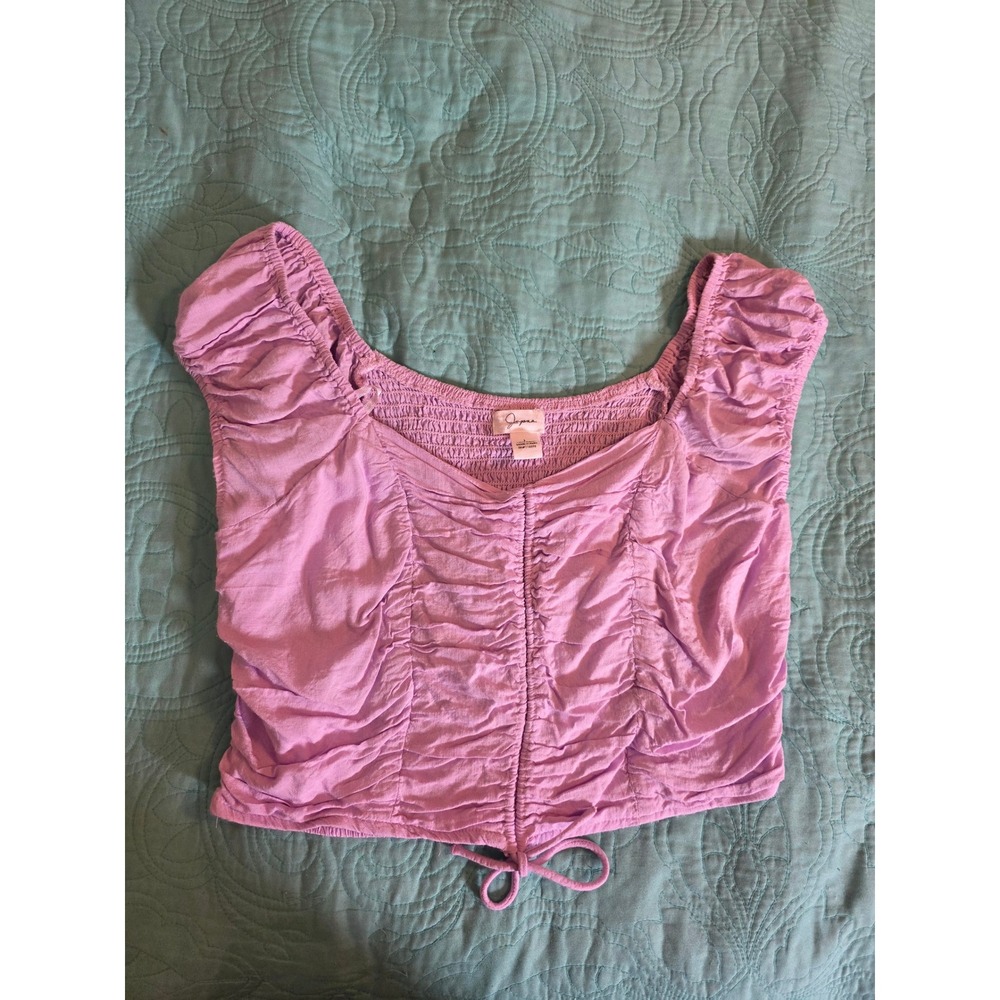 Japna Purple Ruched Front Crop Top Smocked Back Cap‎ Sleeve Rayon Blouse Large